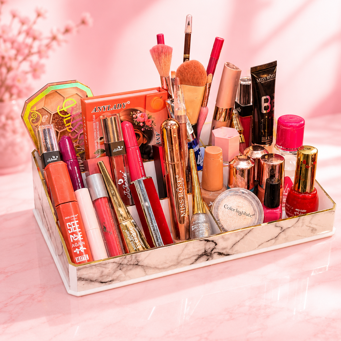 A marble cosmetic organizer tray filled with various makeup items, brushes, lipsticks, and compacts, set against a pink background with a pink marble surface. The brand ECLAT BY TUBA is visible in the top left corner.