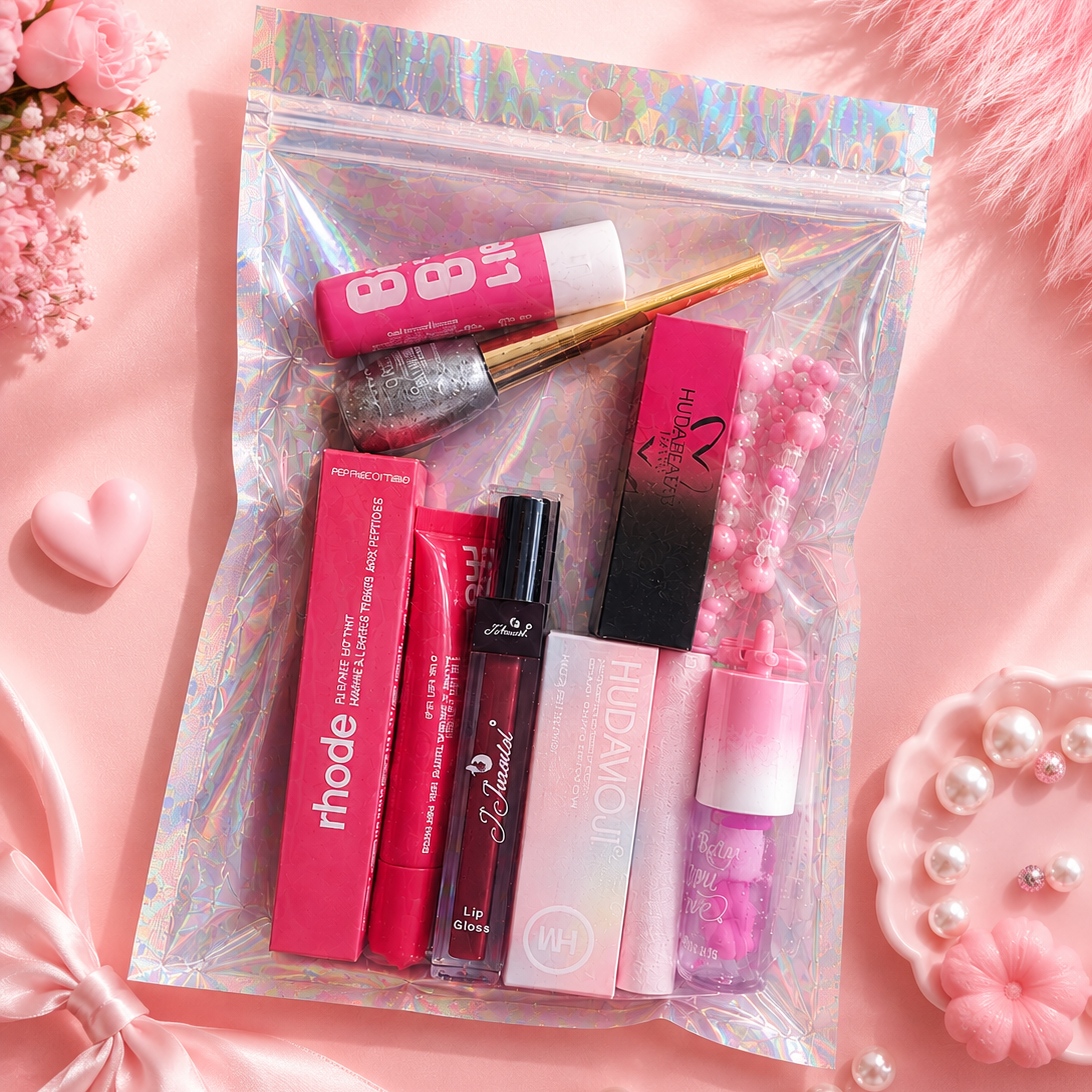 A clear holographic zippered pouch filled with pink and red beauty products, including lip gloss, a brush, and a black-and-pink box, arranged on a soft pink background with decorative hearts, pearls, and flowers. The brand name ECLAT BY TUBA appears in the top left, and social handle icons appear along the bottom.