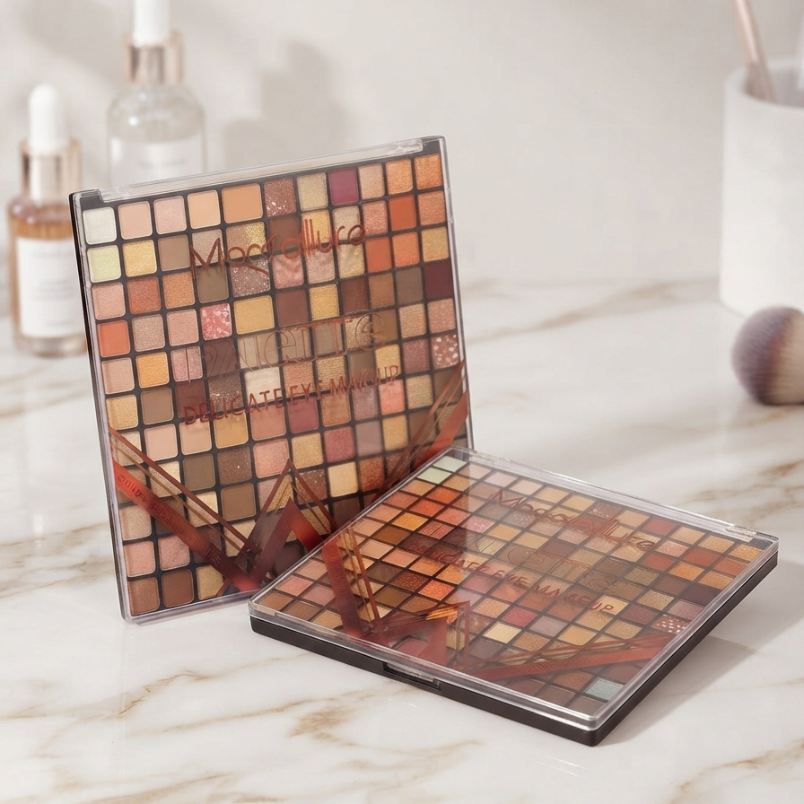 Two open eyeshadow palettes with multiple square pans in warm neutral and earthy tones, displayed on a light marble surface with cosmetic bottles and brushes blurred in the background.