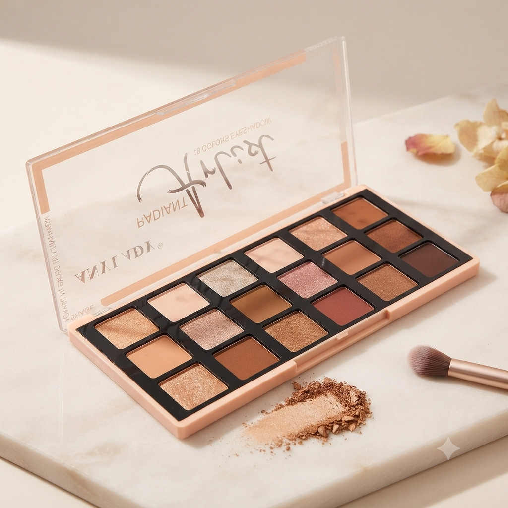 A 16-shade eyeshadow palette by Trish Lacey, shown open on a white marble surface with a makeup brush and loose powder nearby. The palette has a rose gold case and displays a variety of warm-toned shimmers, tans, and browns.